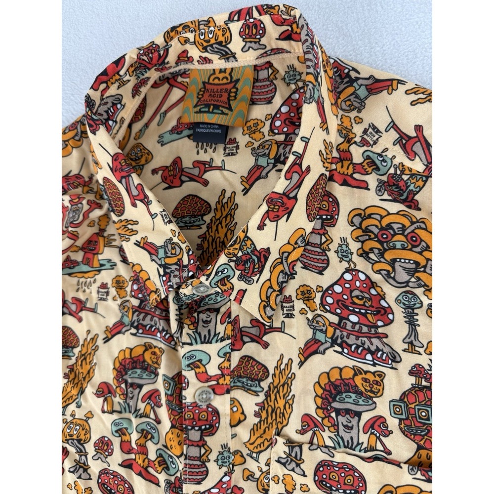 Killer Acid No Bad Trips Print Patch Camp Shirt Button Up Mens Size XL Mushrooms
